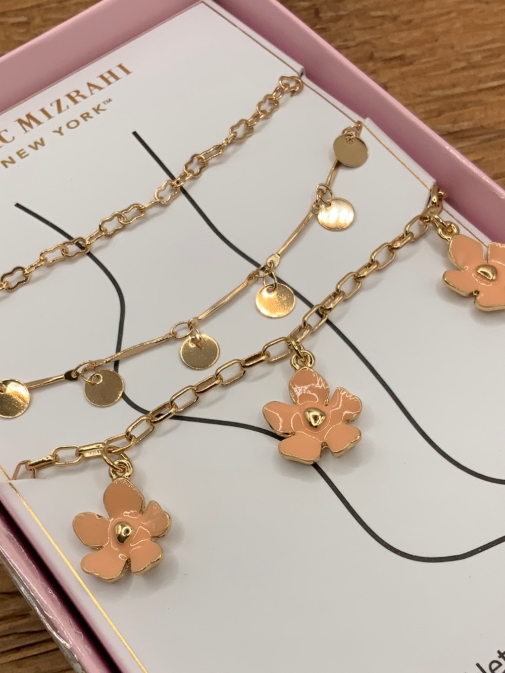 Isaac Mizrahi Trio Gold Tone Layered Necklace Peach Enamel Flower Charms Anklets
